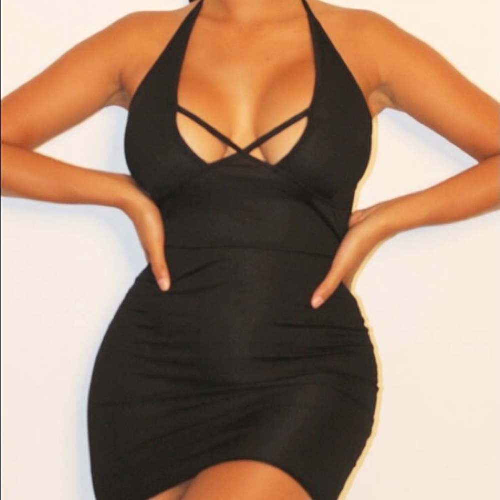 Shape Black Rib Halterneck Strap Bodycon Dress